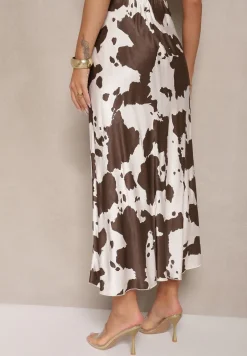 Brązowa Bawełniana Spódnica z Satynowej Tkaniny w Krowi Print Gleria