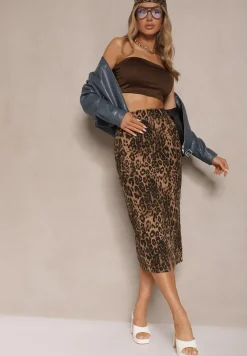 Brązowa Bawełniana Spódnica w Panterkę High Waist z Rozcięciem z Przodu Harilie