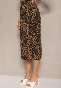 Brązowa Bawełniana Spódnica w Panterkę High Waist z Rozcięciem z Przodu Harilie