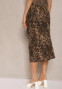 Brązowa Bawełniana Spódnica w Panterkę High Waist z Rozcięciem z Przodu Harilie
