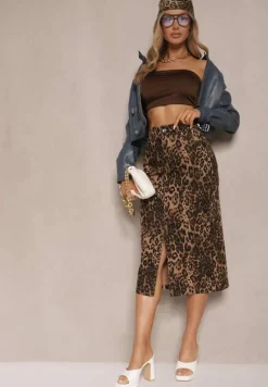 Brązowa Bawełniana Spódnica w Panterkę High Waist z Rozcięciem z Przodu Harilie