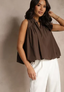 Brązowa Bluza Oversize z Kołnierzykiem o Rozkloszowanym Kroju Erivelle