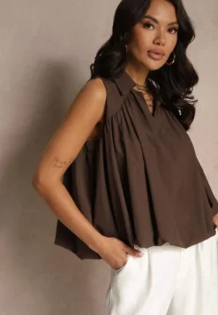 Brązowa Bluza Oversize z Kołnierzykiem o Rozkloszowanym Kroju Erivelle