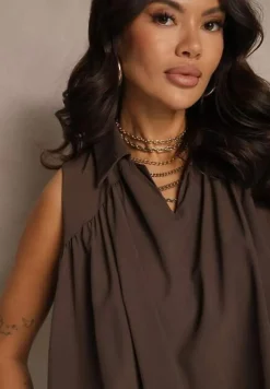 Brązowa Bluza Oversize z Kołnierzykiem o Rozkloszowanym Kroju Erivelle