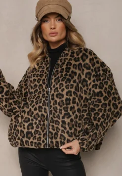 Brązowa Bluza z Lnem Oversize w Panterkę Tinnestira