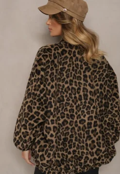 Brązowa Bluza z Lnem Oversize w Panterkę Tinnestira