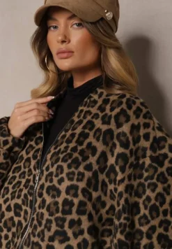 Brązowa Bluza z Lnem Oversize w Panterkę Tinnestira