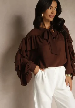 Brązowa Bluzka z Wiskozy z Transparentną Wstawką Falbanami i Wiązaniem Fillenea