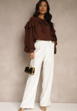 Brązowa Bluzka z Wiskozy z Transparentną Wstawką Falbanami i Wiązaniem Fillenea