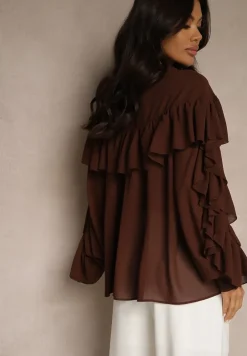 Brązowa Bluzka z Wiskozy z Transparentną Wstawką Falbanami i Wiązaniem Fillenea