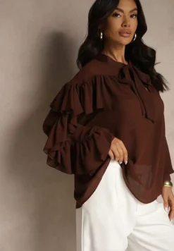 Brązowa Bluzka z Wiskozy z Transparentną Wstawką Falbanami i Wiązaniem Fillenea