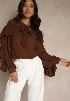 Brązowa Bluzka z Wiskozy z Transparentną Wstawką Falbanami i Wiązaniem Fillenea