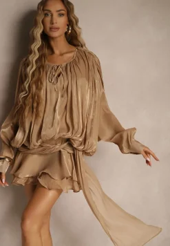 Brązowa Bufiasta Sukienka Zdobiona Trenem i Wiązaniem z Falbanami Lunoriela