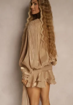 Brązowa Bufiasta Sukienka Zdobiona Trenem i Wiązaniem z Falbanami Lunoriela