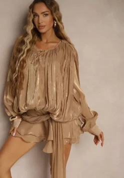 Brązowa Bufiasta Sukienka Zdobiona Trenem i Wiązaniem z Falbanami Lunoriela