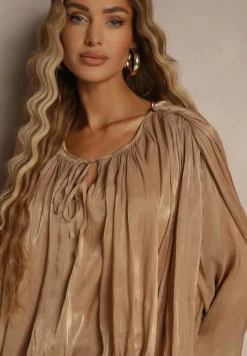 Brązowa Bufiasta Sukienka Zdobiona Trenem i Wiązaniem z Falbanami Lunoriela