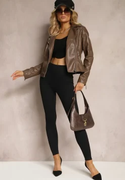 Brązowa Casualowa Kurtka Ramoneska z Asymetrycznym Zamkiem Błyskawicznym Kyrialea