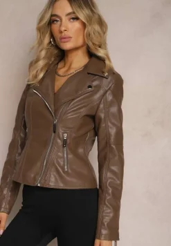 Brązowa Casualowa Kurtka Ramoneska z Asymetrycznym Zamkiem Błyskawicznym Kyrialea