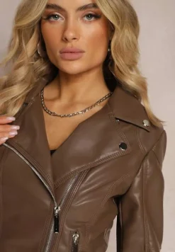 Brązowa Casualowa Kurtka Ramoneska z Asymetrycznym Zamkiem Błyskawicznym Kyrialea