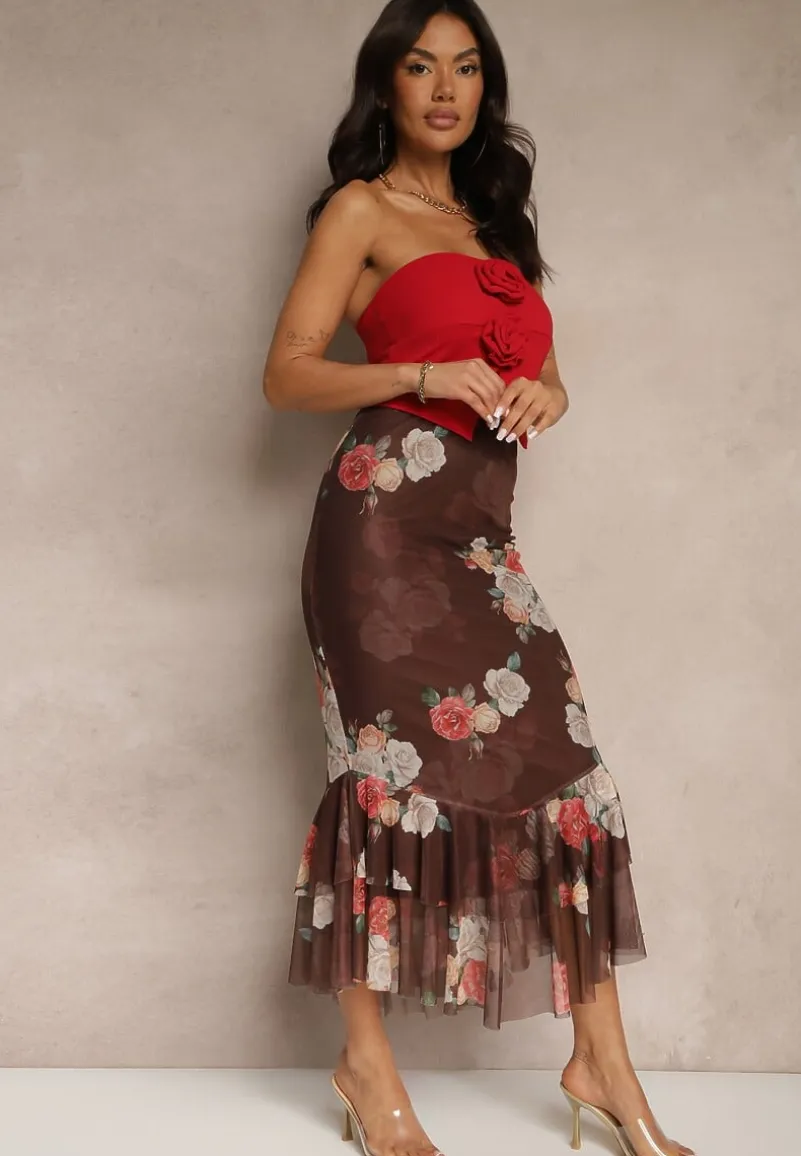 Brązowa Dopasowana Spódnica z Ozdobną Falbaną Efravaria