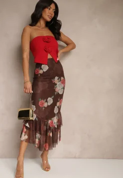 Brązowa Dopasowana Spódnica z Ozdobną Falbaną Efravaria