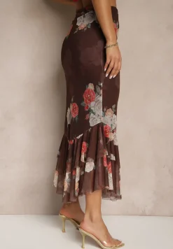 Brązowa Dopasowana Spódnica z Ozdobną Falbaną Efravaria