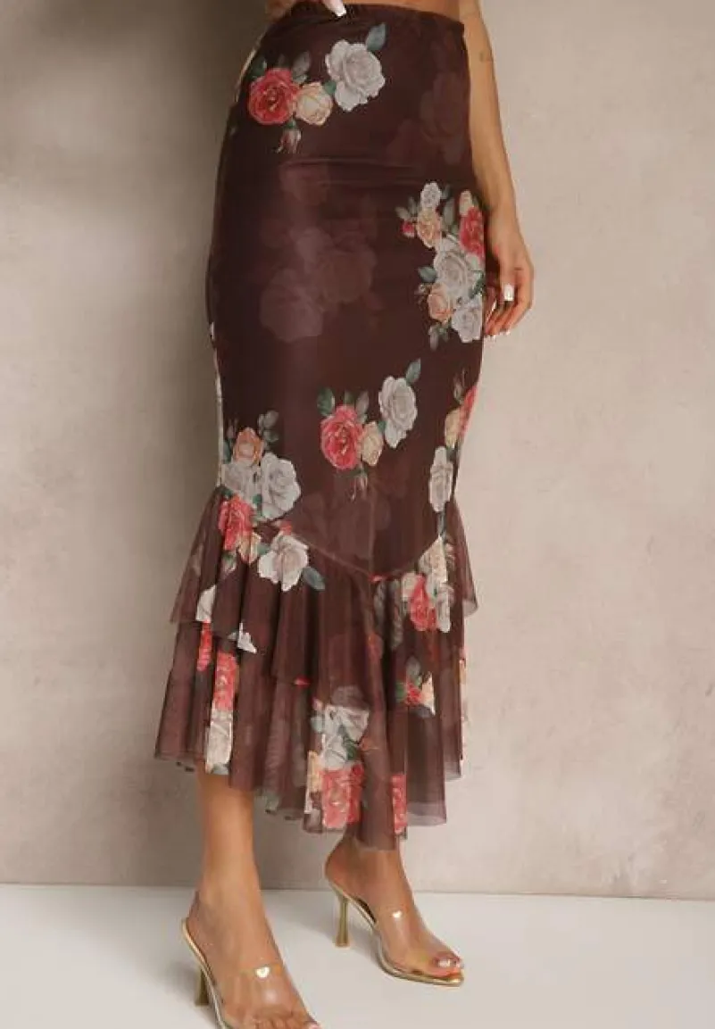 Brązowa Dopasowana Spódnica z Ozdobną Falbaną Efravaria