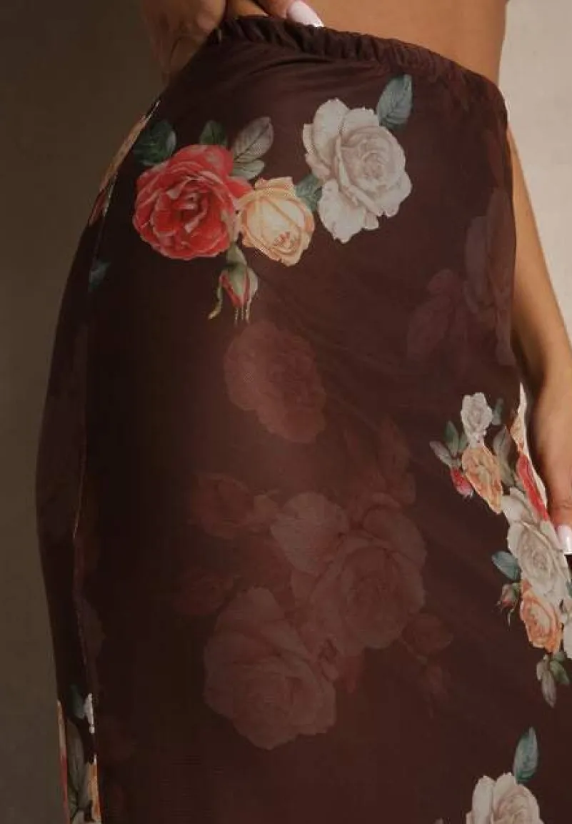 Brązowa Dopasowana Spódnica z Ozdobną Falbaną Efravaria