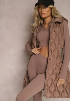 Brązowa Długa Kamizelka Pikowana z Kapturem Nallona