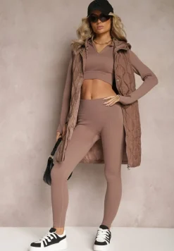 Brązowa Długa Kamizelka Pikowana z Kapturem Nallona