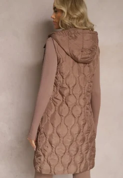 Brązowa Długa Kamizelka Pikowana z Kapturem Nallona