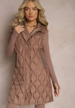 Brązowa Długa Kamizelka Pikowana z Kapturem Nallona