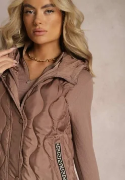 Brązowa Długa Kamizelka Pikowana z Kapturem Nallona