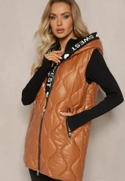 Brązowa Długa Kamizelka z Ozdobnym Pikowaniem i Kapturem Taneli