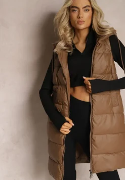 Brązowa Długa Kamizelka z Pikowaniem i Obustronnym Suwakiem Wetessa