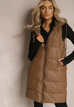 Brązowa Długa Kamizelka z Pikowaniem i Obustronnym Suwakiem Wetessa
