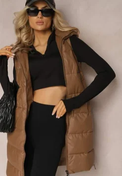 Brązowa Długa Kamizelka z Pikowaniem i Obustronnym Suwakiem Wetessa