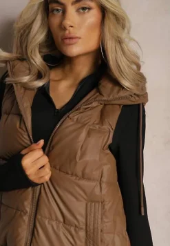 Brązowa Długa Kamizelka z Pikowaniem i Obustronnym Suwakiem Wetessa