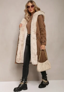 Brązowa Długa Kurtka Parka Nylonowa Płaszcz z Futrzanymi Wstawkami Rinale