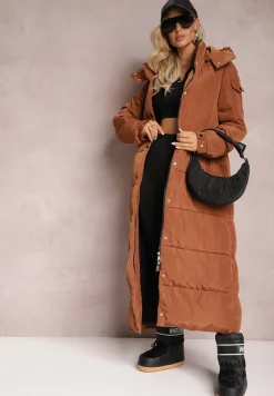 Brązowa Długa Kurtka Płaszcz z Pikowaniem i Odpinanym Kapturem Mystaris