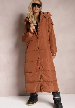 Brązowa Długa Kurtka Płaszcz z Pikowaniem i Odpinanym Kapturem Mystaris