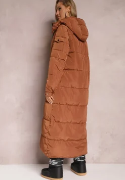 Brązowa Długa Kurtka Płaszcz z Pikowaniem i Odpinanym Kapturem Mystaris