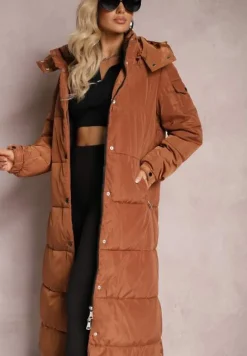 Brązowa Długa Kurtka Płaszcz z Pikowaniem i Odpinanym Kapturem Mystaris