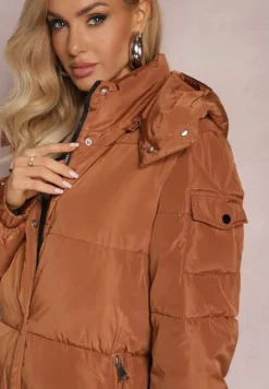 Brązowa Długa Kurtka Płaszcz z Pikowaniem i Odpinanym Kapturem Mystaris