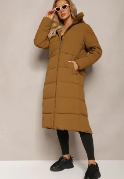 Brązowa Długa Kurtka Płaszcz z Pikowaniem oraz Kapturem Madirre