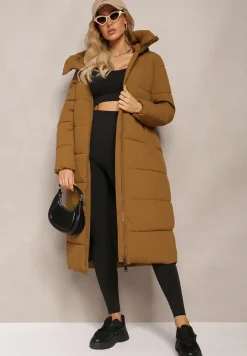 Brązowa Długa Kurtka Płaszcz z Pikowaniem oraz Kapturem Madirre