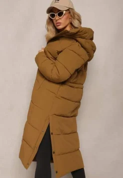 Brązowa Długa Kurtka Płaszcz z Pikowaniem oraz Kapturem Madirre