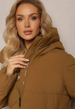 Brązowa Długa Kurtka Płaszcz z Pikowaniem oraz Kapturem Madirre