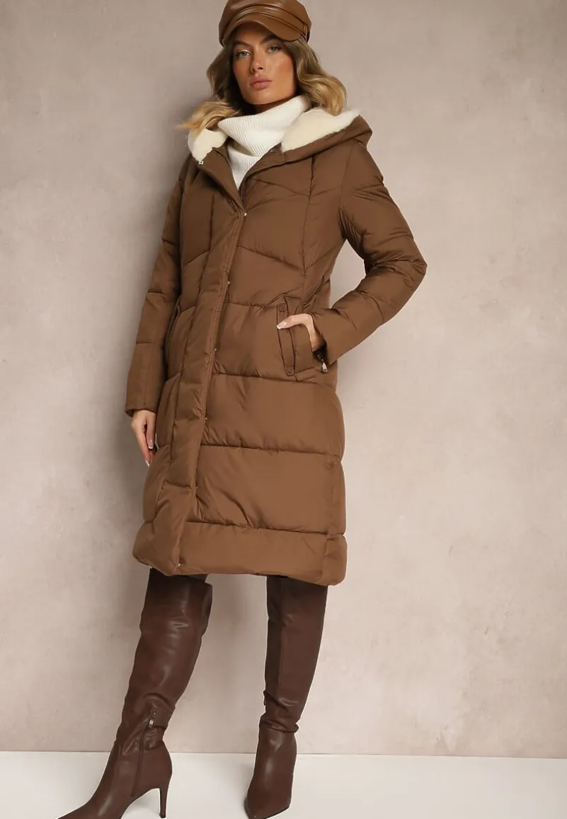 Brązowa Długa Kurtka Pikowana z Kapturem Wiązana w Pasie Neanethra