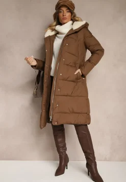 Brązowa Długa Kurtka Pikowana z Kapturem Wiązana w Pasie Neanethra